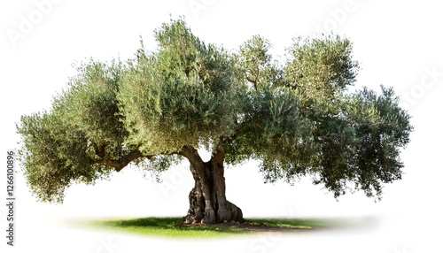 Olive tree  with green leaves and brown trunk isolated on white Background - high quality image of a deciduous tree with green leaves and brown bark