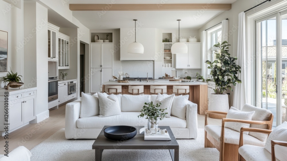 A well-lit and airy living room with white accents and a modern coffee table. A well-lit and airy living room with white accents and a modern coffee table.