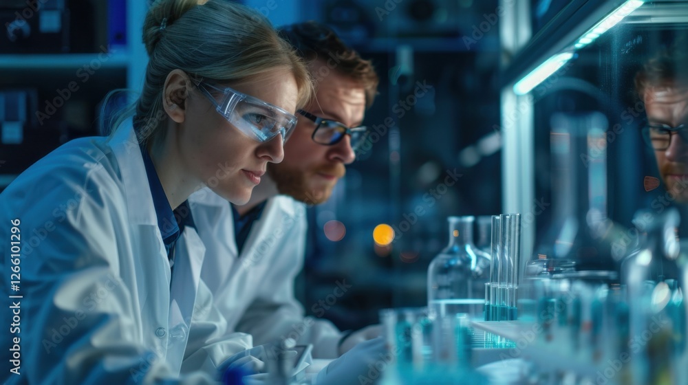 Advanced scientific lab, two researchers analyzing chemicals in a flask, discussing findings, medical research, biotechnology, molecular biology Advanced scientific lab, two researchers analyzing chemicals in a flask, discussing findings, medical research, biotechnology, molecular biology
