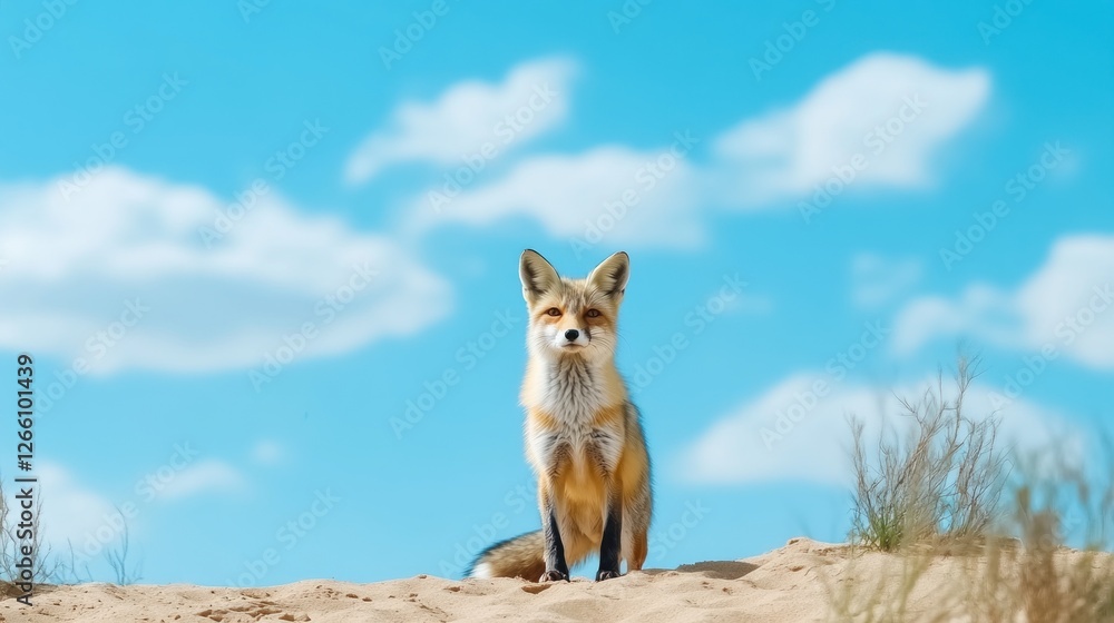 Fototapeta premium A desert fox stands alert on a sandy dune, its keen eyes scanning the vast landscape for any signs of movement under the bright sky