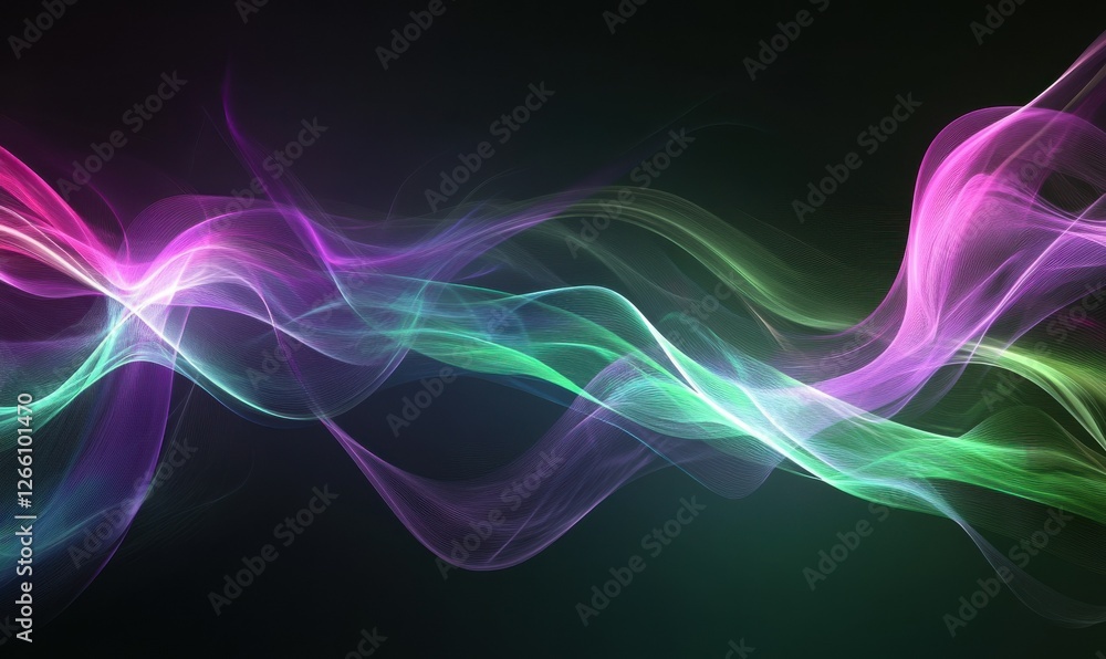 Naklejka premium Abstract digital wave pattern with glowing purple and green lines, dynamic futuristic design, clean and sharp high-tech style