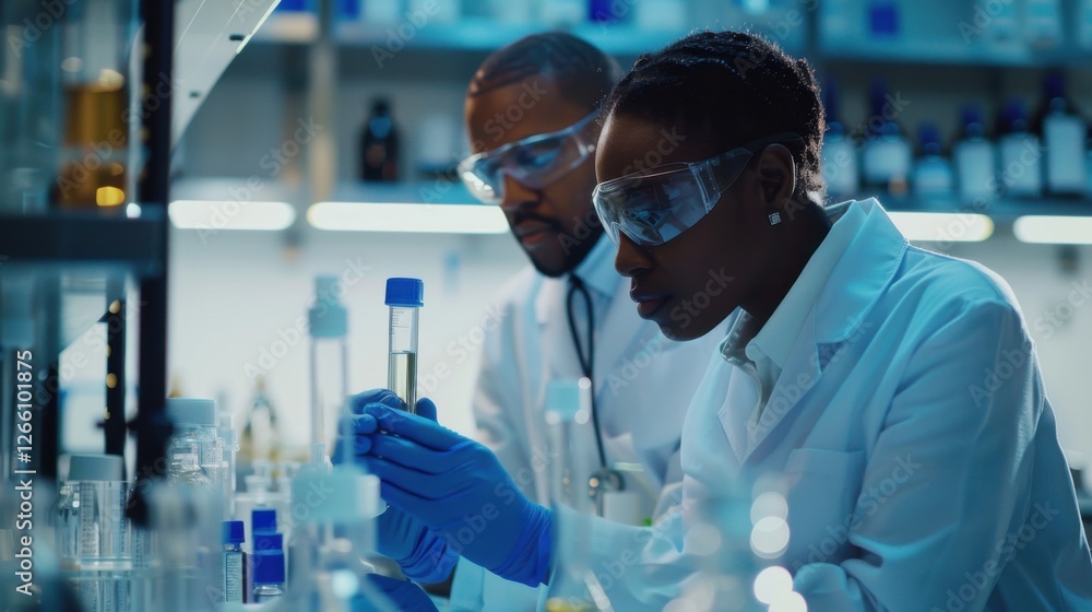 Advanced scientific lab, two researchers analyzing chemicals in a flask, discussing findings, medical research, biotechnology, molecular biology Advanced scientific lab, two researchers analyzing chemicals in a flask, discussing findings, medical research, biotechnology, molecular biology