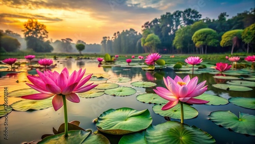 Stunning Pink Lotus Flowers Blooming on a Serene Lake in India
