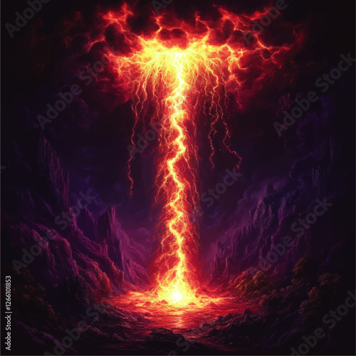 Fiery Lightning Bolt Strikes Amidst Dark Mystical Mountains - Nature's Power Unleashed in Dramatic Landscape with Stormy Red Sky and Glowing Energy Vortex