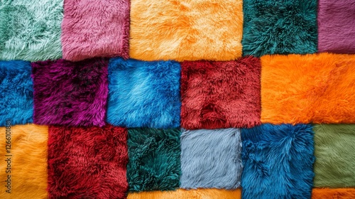 A patchwork quilt of colorful furs in squares. Colorful patchwork quilt in a fun and cute pattern.