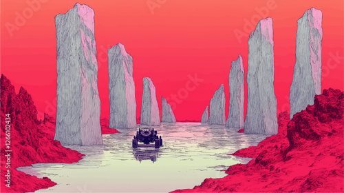 Futuristic Landscape Vector: Surreal Rover Navigating Alien Waterway with Towering Rock Monoliths and Vibrant Sunset Sky in Sci-Fi Extraterrestrial Environment