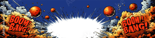Dynamic Comic Explosion Vector with Vibrant Clouds, Bold BOOM BANG Text, and Flying Debris on Blue Sky Background for Pop Art and Graphic Designers