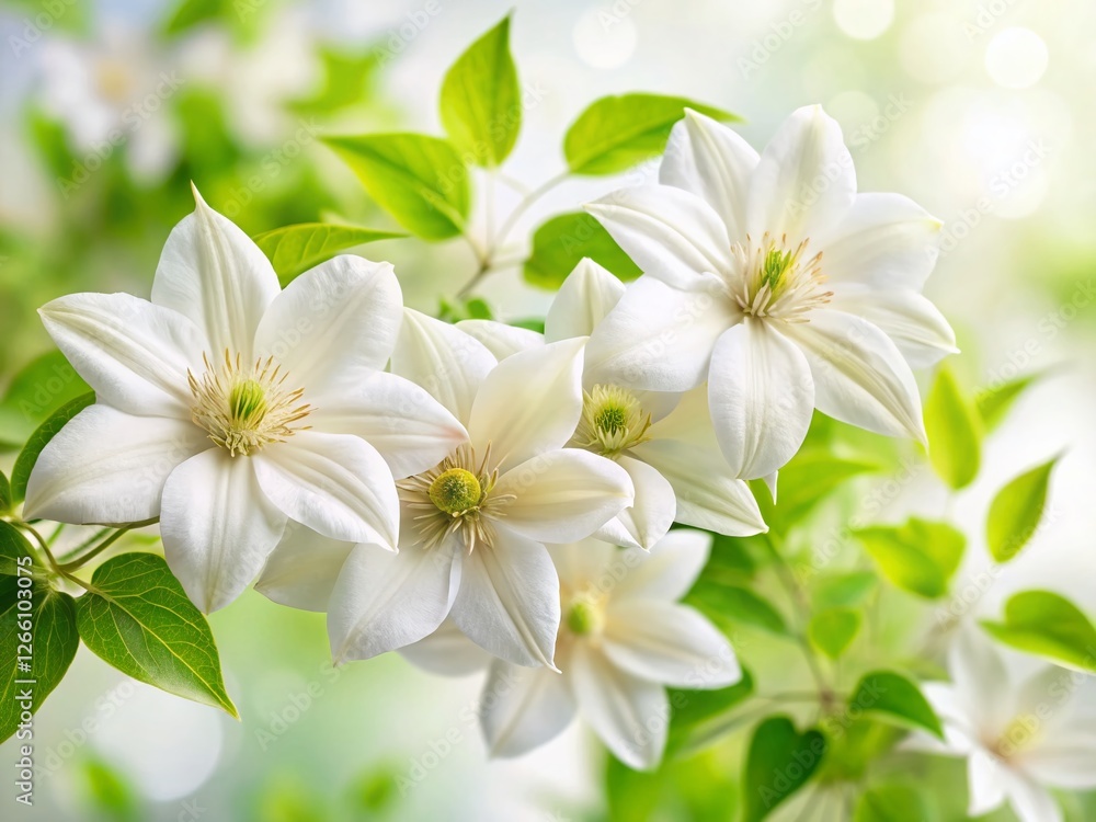 Fototapeta premium Stunning White Clematis Flowers with Bokeh Background - Stock Photo