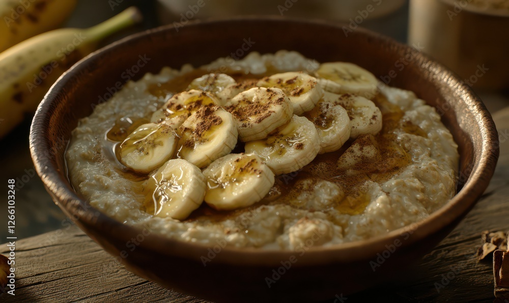 Bowl of creamy oatmeal topped with sliced bananas, honey drizzle, and a sprinkle of cinnamon, served on a rustic wooden table Bowl of creamy oatmeal topped with sliced bananas, honey drizzle, and a sprinkle of cinnamon, served on a rustic wooden table