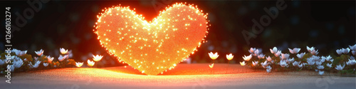 Glowing Heart Vector with White Flowers: Romantic Landscape with Illuminated Heart and Blooming Lotus for Love and Celebration Designs