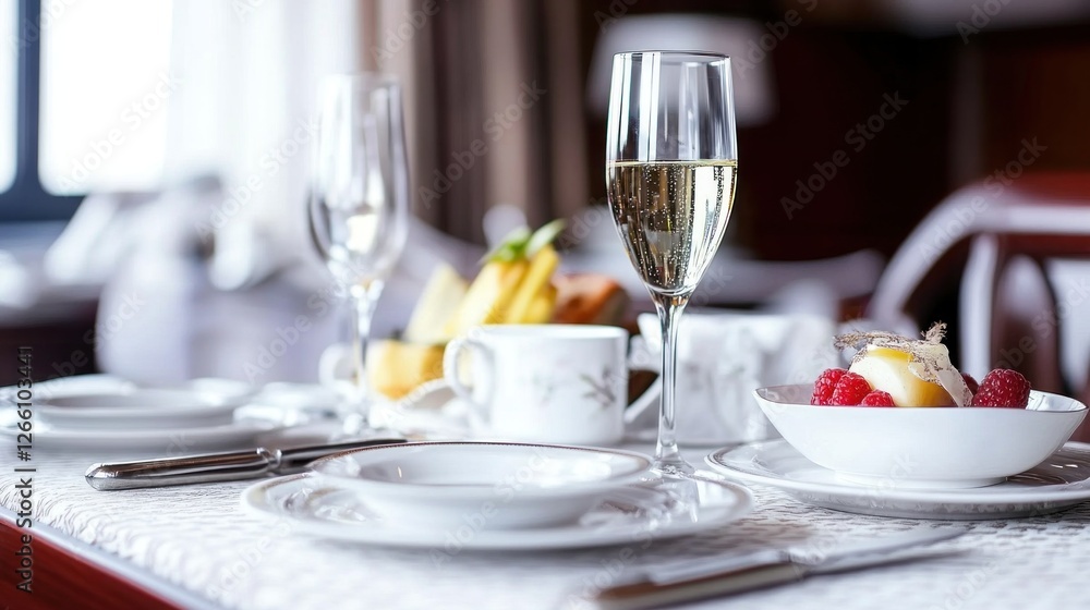 A gourmet meal is elegantly presented on a fold-out table, featuring fine china, silverware, and refreshing champagne amidst cozy first-class setting A gourmet meal is elegantly presented on a fold-out table, featuring fine china, silverware, and refreshing champagne amidst cozy first-class setting
