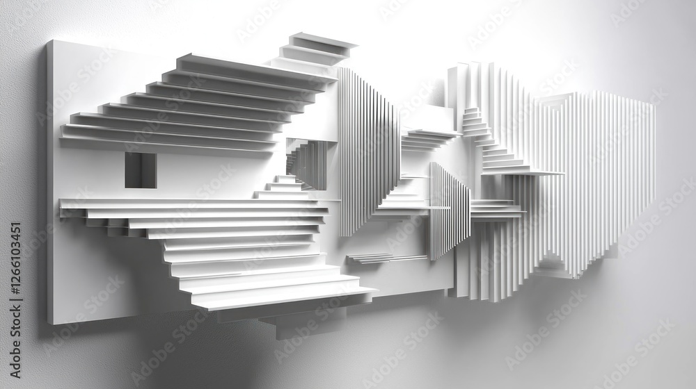 Abstract architectural wall art, white panels, geometric shapes, minimalist design Abstract architectural wall art, white panels, geometric shapes, minimalist design