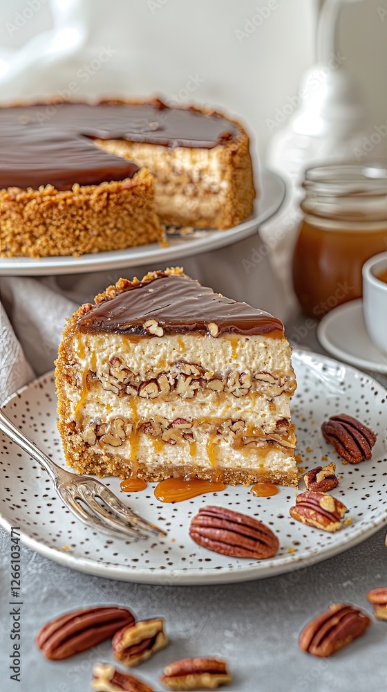 Rich layered pecan caramel cake served on a decorative plate with nuts and sauce