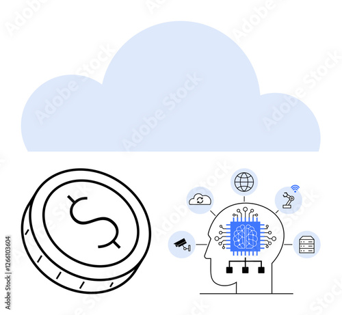Large cloud shape with coin and human head illustrating AI, connected by smaller tech icons. Ideal for finance, technology, artificial intelligence, cloud computing, business, innovation, data