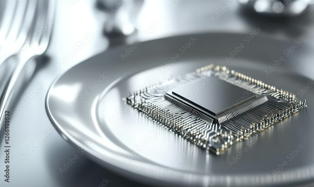 Close-up of an isolated CPU chip resting on a sleek metallic surface, intricate circuit lines glowing faintly, minimalist tech product presentation Close-up of an isolated CPU chip resting on a sleek metallic surface, intricate circuit lines glowing faintly, minimalist tech product presentation