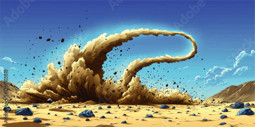 Dynamic Vector Illustration of a Dramatic Desert Tornado with Flying Debris and Rocky Landscape Under Clear Blue Sky - Perfect for Animation and Graphic Design Use