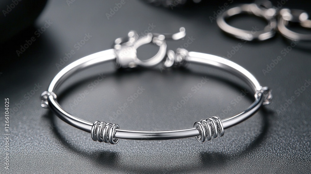 Elegant silver bangle bracelet on dark background with jewelry Elegant silver bangle bracelet on dark background with jewelry