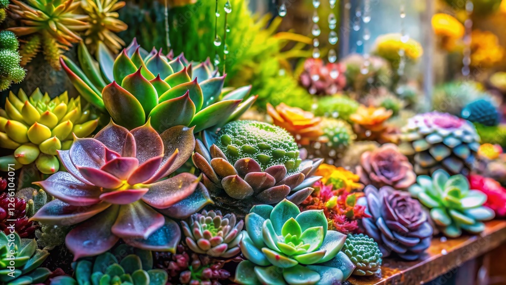 Stylish Plant Shop Window Display: Macro Photography of Succulents & Flowers Stylish Plant Shop Window Display: Macro Photography of Succulents & Flowers