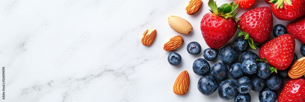 Creative shopping bag design using fresh berries and nuts on a marble surface Creative shopping bag design using fresh berries and nuts on a marble surface