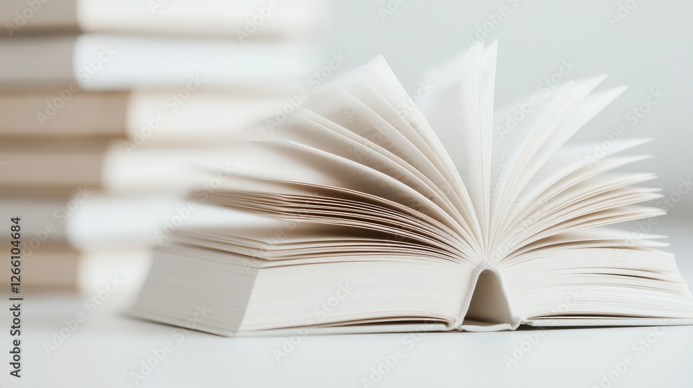 Fototapeta premium Open book, pages fanned, book stack background; education, reading