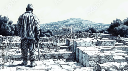 Detailed Vector of Historical Landscape, Ancient Ruins, Stone Structures, Man with Walking Stick, Mountains and Trees in Pen and Ink Style Illustration