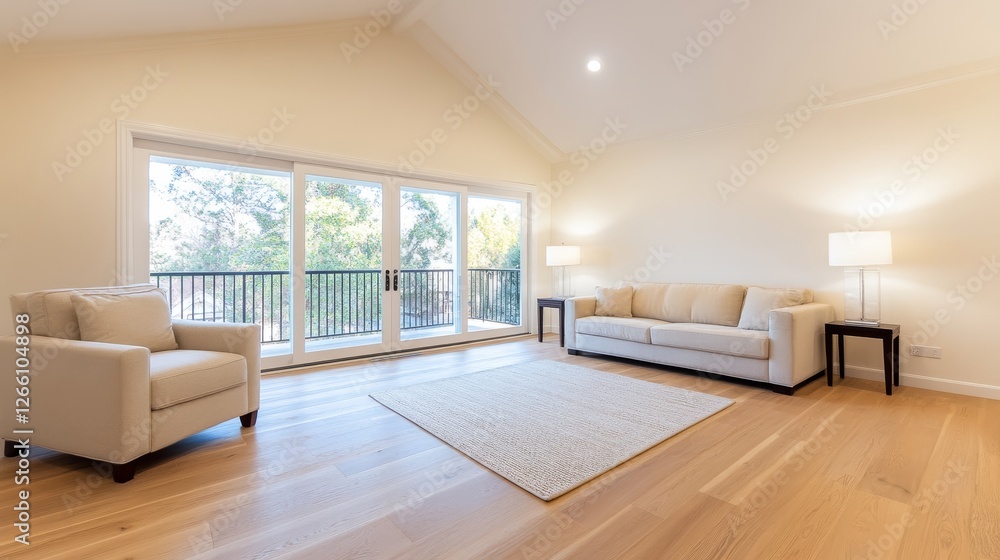 Fototapeta premium Modern living room with large windows, minimalistic furniture, and serene outdoor view