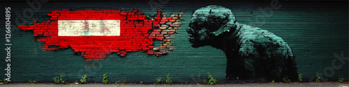 Compelling Urban Street Art Image of a Blue Figure and Red Brick Wall with Cracks - Edgy Graffiti Mural on City Street Feature Green Architectural Background