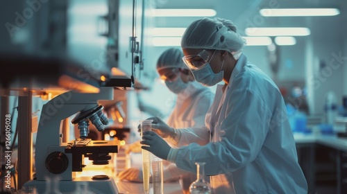 Advanced scientific lab, two researchers analyzing chemicals in a flask, discussing findings, medical research, biotechnology, molecular biology