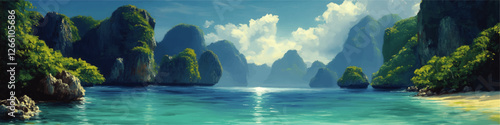 Stunning Vector Illustration of Tropical Paradise with Lush Green Islands, Tranquil Blue Waters, and Cloudy Sky Perfect for Travel and Nature Enthusiasts