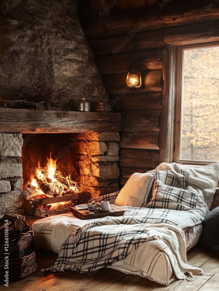 Cozy cabin interior featuring a crackling fireplace and comfortable lounge