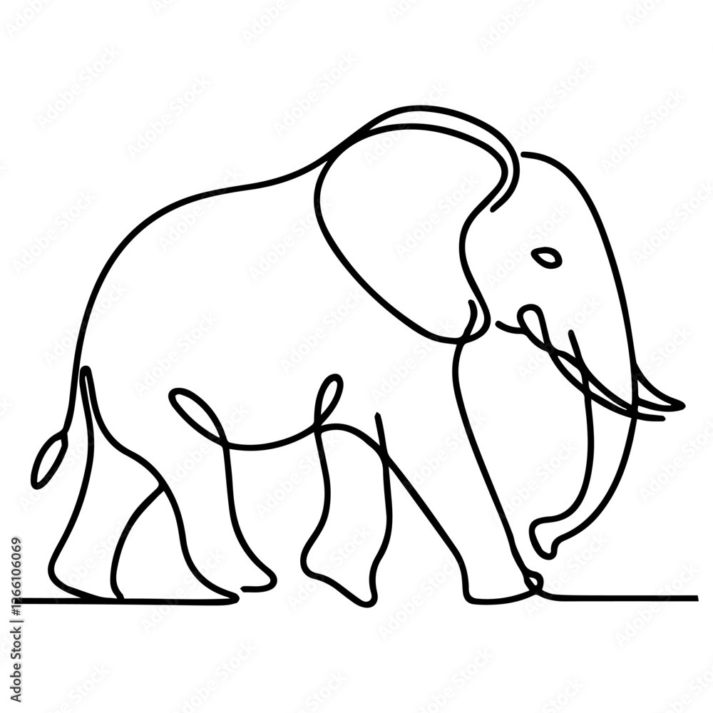 Obraz premium Line drawing of elephant walking calmly on white background