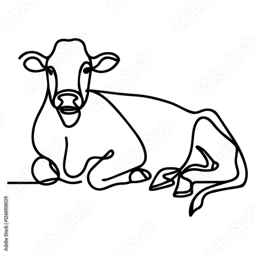 Line drawing of cow resting on white background