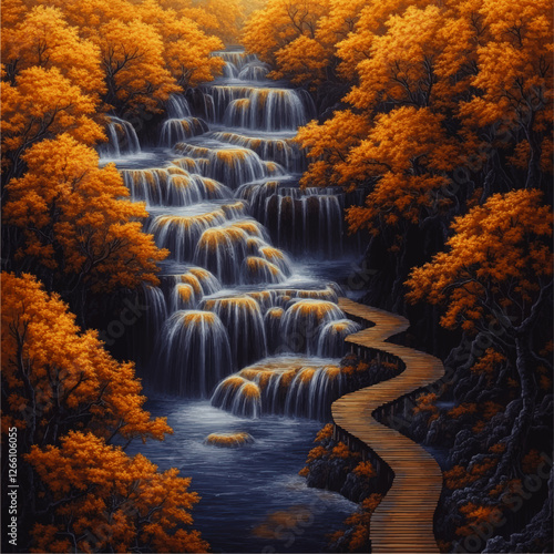 Captivating Vector Image of Cascading Waterfall and Serene Autumn Forest Pathway with Vibrant Orange Foliage for Nature and Landscape Design Inspiration