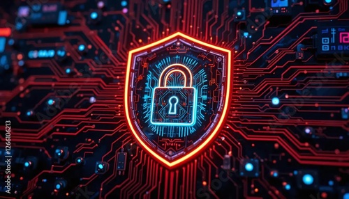 Cybersecurity digital data protection concept with glowing red shield and secure padlock symbol representing online safety firewall encryption and internet privacy technology