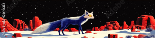 Mystical Blue Fox in Snowy Red Rock Desert Landscape with Starry Night Sky - Vector Art Illustration for Fantasy Wildlife and Nature Design Enthusiasts