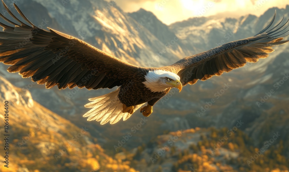 An eagle soaring through the mountain range with wide wings stretched and sharp beak visible An eagle soaring through the mountain range with wide wings stretched and sharp beak visible