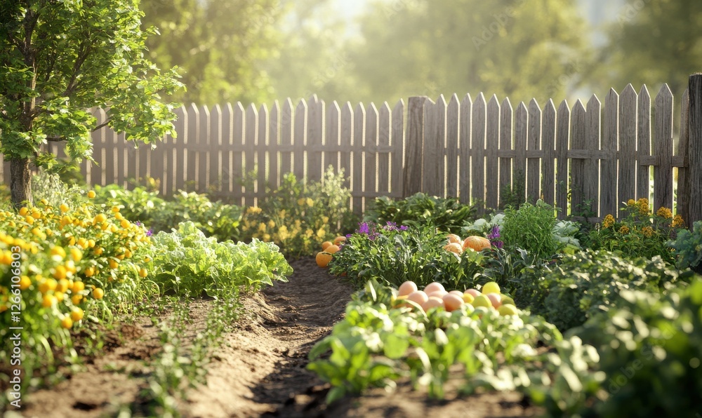 Bright and cheerful vegetable garden with rows of fresh produce, soft morning light, and a rustic wooden fenc Bright and cheerful vegetable garden with rows of fresh produce, soft morning light, and a rustic wooden fenc