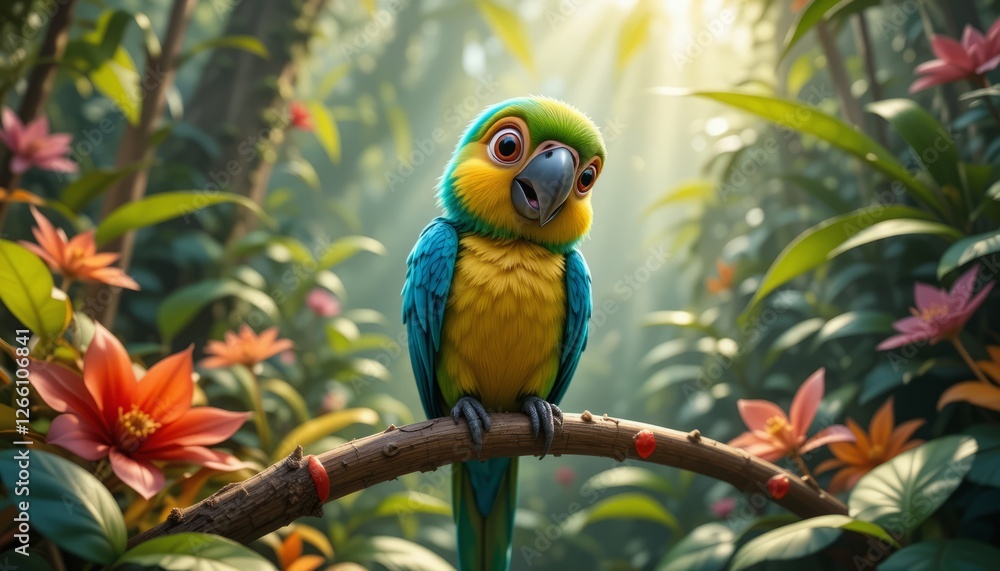 Obraz premium A cheerful tropical parrot perches on a branch, surrounded by lush jungle greenery and colorful flowers, basking in warm sunlight.