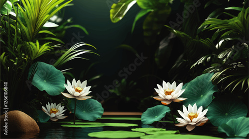 Tranquil Tropical Pond Vector Art with Lush Green Foliage and Blooming White Water Lilies Amidst Emerald Lotus Leaves in a Serene Natural Environment