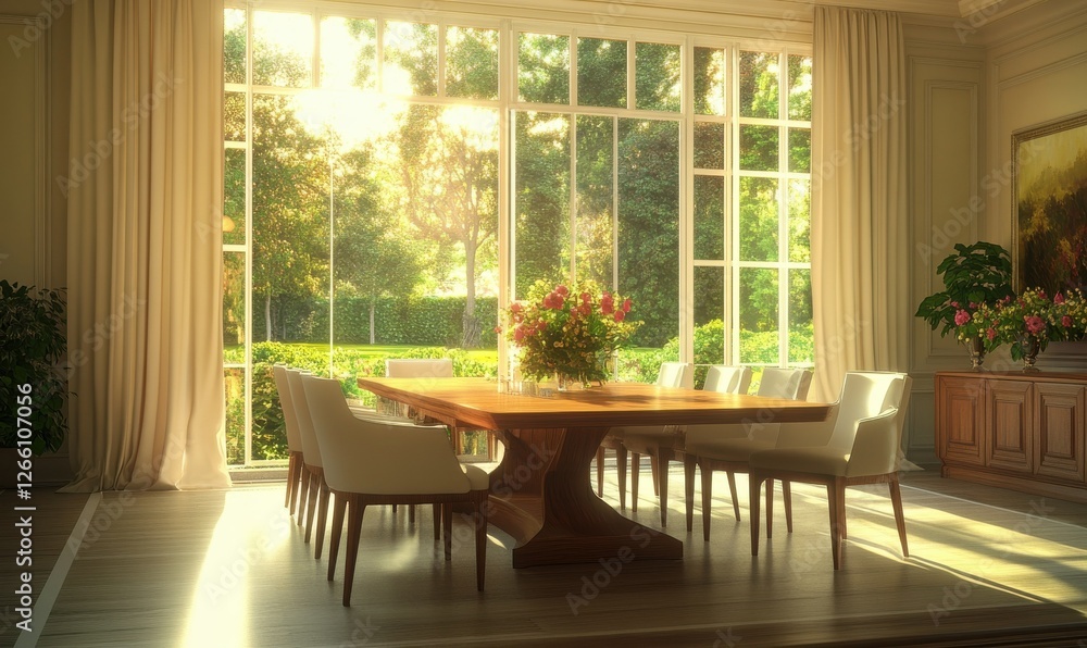 Obraz premium Bright dining room with a wooden table, sleek beige chairs, and large windows offering a panoramic garden view.