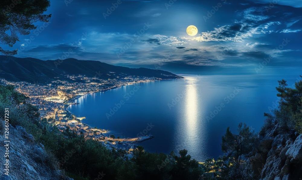 romantic and scenic panorama with full moon on sea to night romantic and scenic panorama with full moon on sea to night