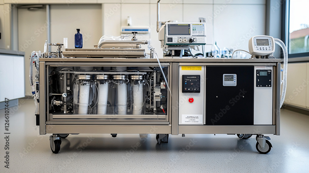 Side view of a dialysis machine, highlighting the intricate tubing system and filter cartridges, set against a clean hospital background. Side view of a dialysis machine, highlighting the intricate tubing system and filter cartridges, set against a clean hospital background.