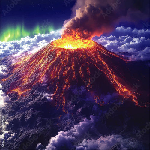 Stunning Vector Illustration of Volcanic Eruption Amidst Clouds with Northern Lights - Intense Lava Flow and Fiery Eruption Scene Capturing Nature's Power