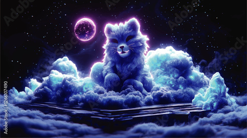 Mystical Celestial Cat with Glowing Aura on Clouds Under Starry Sky and Pink Moon Vector Art | Night Sky Fantasy Feline Illustration