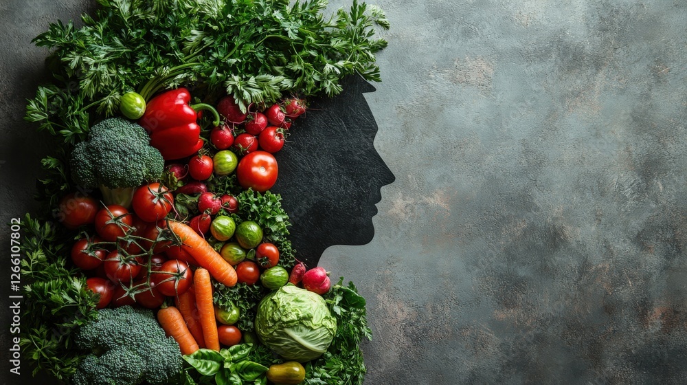 Man silhouette filled with vibrant vegetables on a light grey background Man silhouette filled with vibrant vegetables on a light grey background