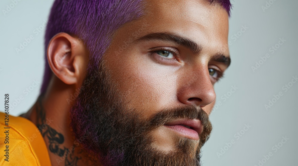 Obraz premium Buzz-cut man with electric purple hair and dark beard poses against a white background