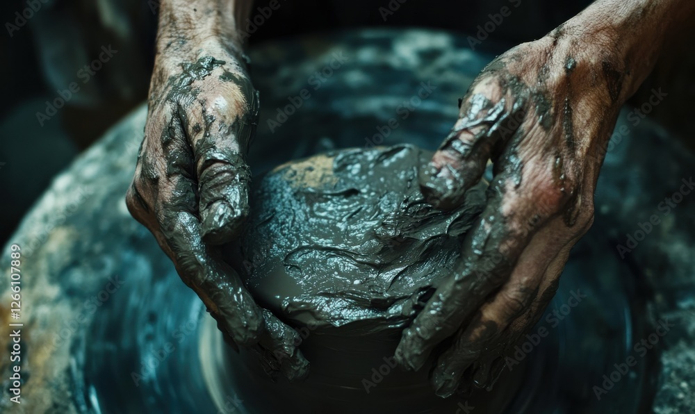 Close-up of hands shaping clay on a pottery wheel, earthy tones and texture creating a tactile connection to craftsmanship Close-up of hands shaping clay on a pottery wheel, earthy tones and texture creating a tactile connection to craftsmanship