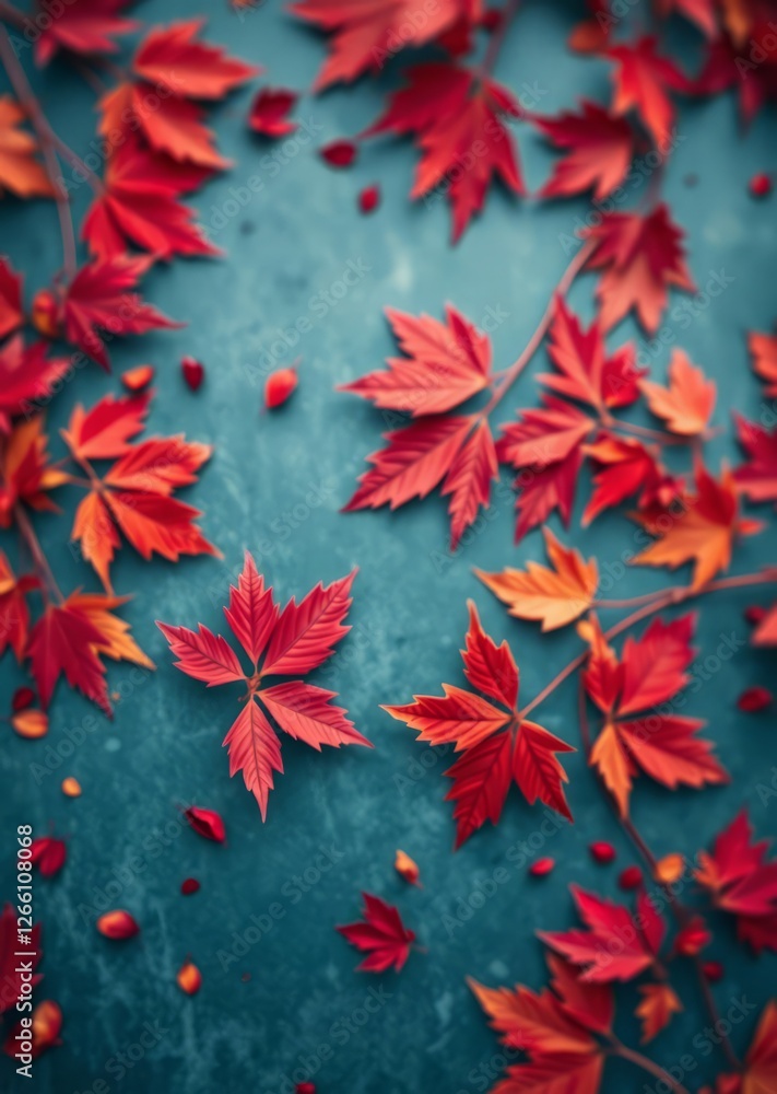 Autumn background featuring colored red leaves on a blue slate background top view with copy space bokeh red bokeh abstract background glow design light texture effect sparkle Autumn background featuring colored red leaves on a blue slate background top view with copy space bokeh red bokeh abstract background glow design light texture effect sparkle
