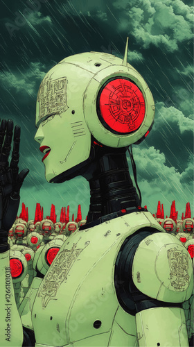 Futuristic Robot Army in Rainy Landscape with Intricate Circuit Patterns and Red Accents - AI Robotics, Technology Art, Sci-fi Concept,  Digital Illustration