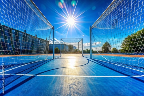 Sunny Malaysian Futsal Court: Blue Net, White Lines, Vibrant Day photo